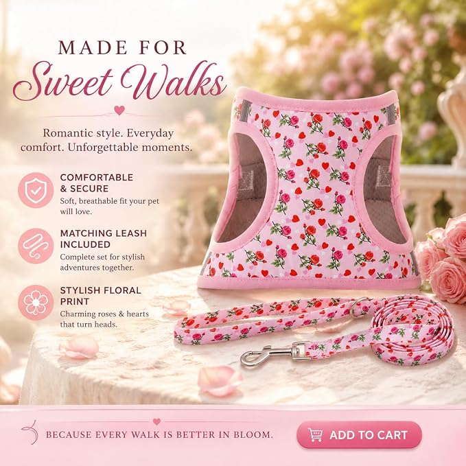 Step in Valentine's Day Dog Harness Leash Set- All Weather Reflective No-Pull Floral Pattern Padded Mesh Vest Harness for Cats Puppy Extra-Small Small Medium Large Dogs - Heart Rose - M - Image 5
