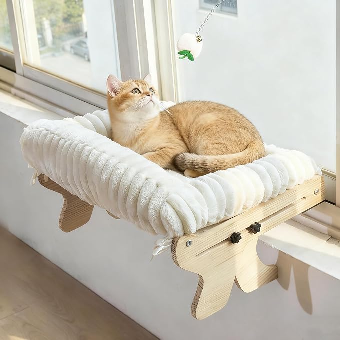 Large Wooden Velvet Cat Window Perch Bed, White | Sturdy Wooden Frame, Removable Machine Washable Cover, Window Sill Hanging, All Seasons Comfort - Image 2