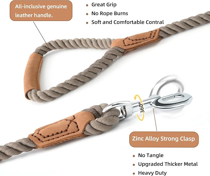 Mile High Life Dog Leash Braided Cotton Rope w/Leather-Wrapped Ends/Handle | Rust-proof 360° swivel clasp, Heavy-duty for medium/large breeds. Great for weddings, daily walks (6 FT, 1/2", Black) - Image 4