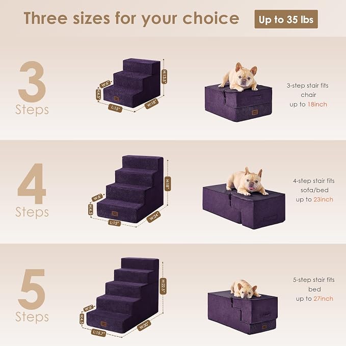EHEYCIGA Dog Stairs for High Bed 22.5" H, 5-Step Dog Steps, Purple | Pet Steps for Small Dogs and Cats for Bed, Non-Slip Balanced Pet Ramp Indoor - Image 2
