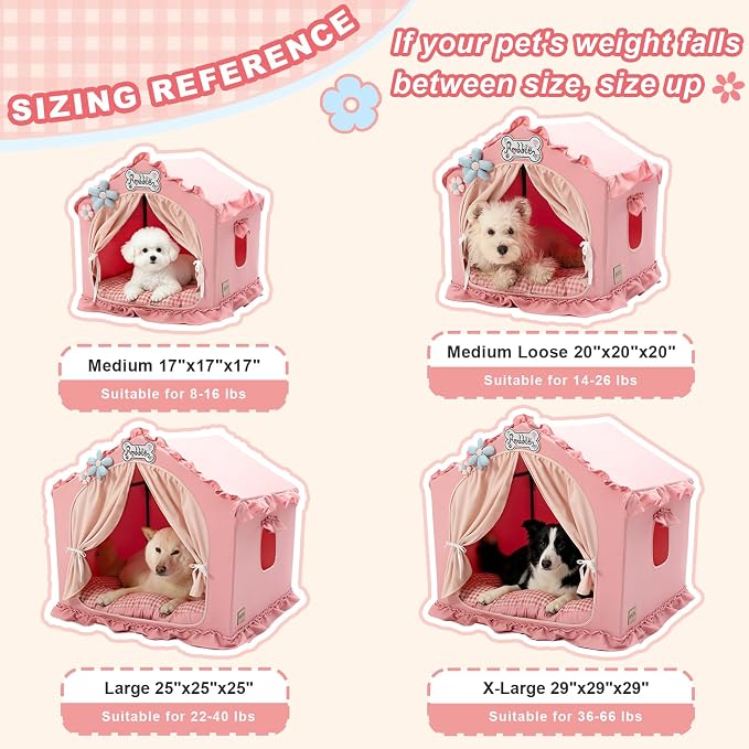 Indoor Dog House with Frame,Cute Dog Tent Bed with Cover Cave,Pink | Breathable,Washable,and Foldable House, Suitable for 22-40 Lb, Large (25"×25"×25"),Inside Dog House - Image 7