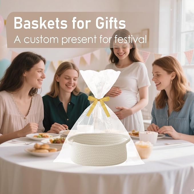 JMvicyroam Small Woven Basket, Empty Gift Basket, White/1 Pack | Small Gift Basket, Cotton Rope, 12 x 8 x 6 in, Handles, Includes Ribbon and Bag, Birthday Gift Basket - Image 4