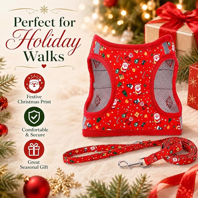 Step in Christmas Xmas Day Dog Harness Leash Set- All Weather Reflective No-Pull Floral Pattern Padded Mesh Vest Harness for Cats Puppy Extra-Small Small Medium Large Dogs - XXS - Image 5