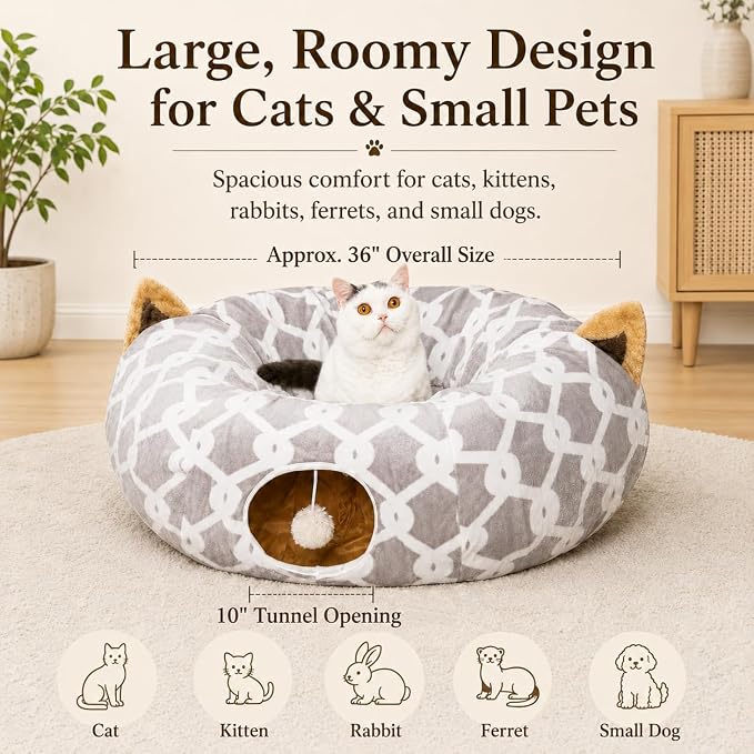 Large Cat Tunnel Bed Under Christmas Tree with Fluffy Toy Balls, Small Cushion and Flexible Design- 10 inch Diameter, 3 ft Length- Great for Cats, and Small Dogs, Gray Geometric Figure - Image 5