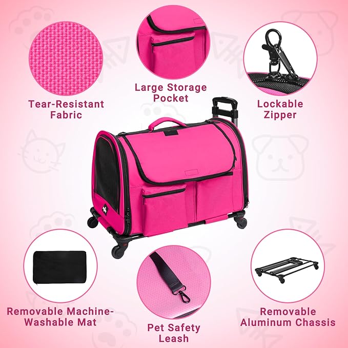 Large Pet Carrier with Wheels, Foldable Rolling Dog Carrier with Big Pocket, Cat Rolling Bag 21"x13"x13" for 2 Cats &Dogs, for Travel, Outdoor, Vet Visits, Camping, Indoor.Pink. (Not for Airline) - Image 3