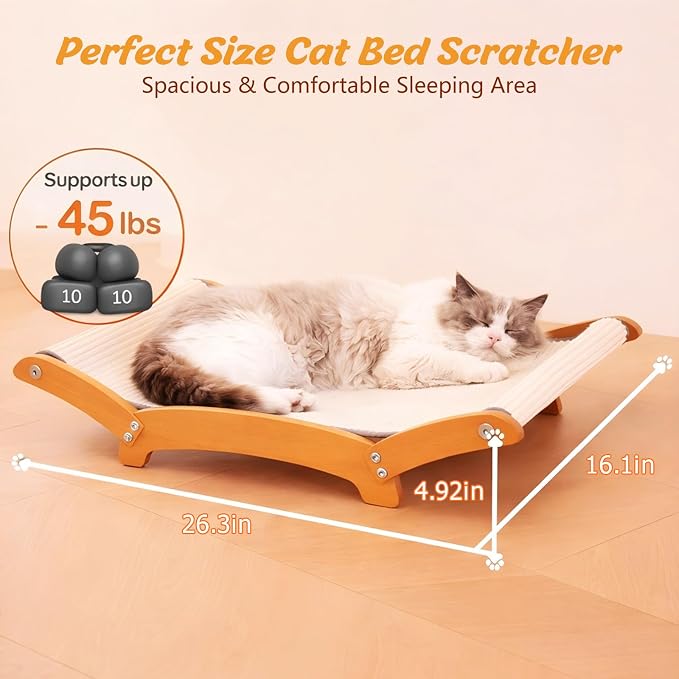 Sisal Cat Scratcher Bed for Indoor Cats, 26.3in Wooden Scratching Board | Natural Sisal Fiber,Solid Wood Frame,Cat Hammock & Lounger,Scratch Pad for Large Cats,Space-Saving,Multi-Cat households,Beige - Image 2