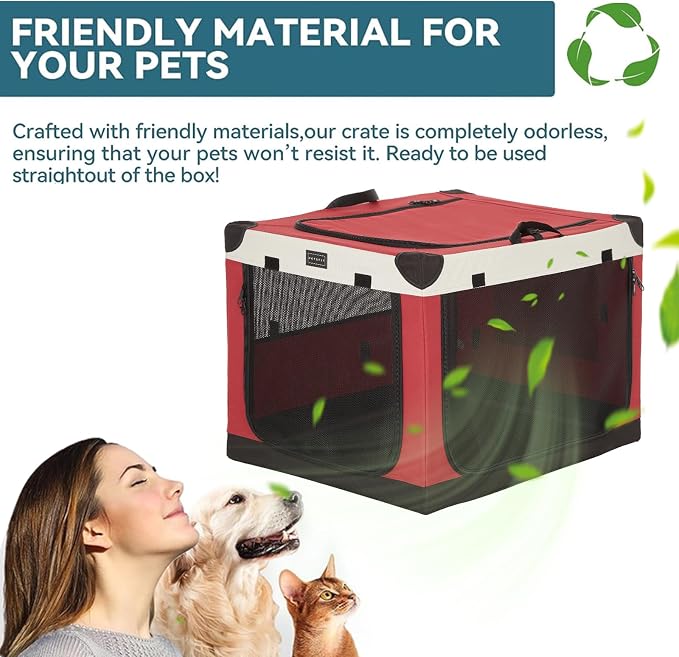 PETSFIT 30" Soft Portable Dog Crate – Patented Spiral Sturdy Frame, Collapsible Travel Kennel for Medium Dogs, 3 Mesh Door, Lockable Zippers, Indoor & Car Use Red - Image 8