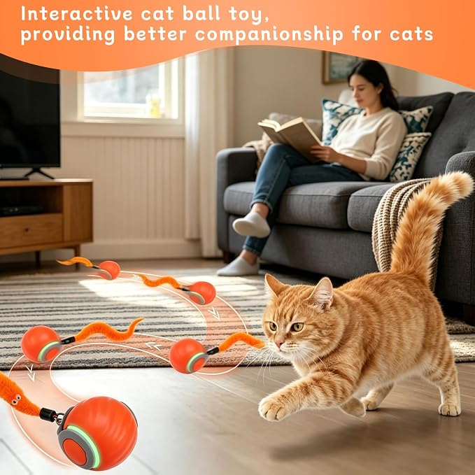 Interactive Cat Toy Ball - Automatic Moving Cat Ball for Indoor Cats with 3 Tails, Rechargeable Silent Kitten Toy for Boredom & Exercise, Rolling Ball Toy with 2 Modes & 2 Speeds. - Image 7