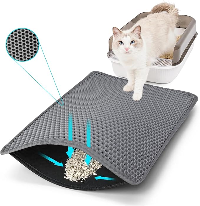 Cat Litter Mat 35"x24", Double Layer Waterproof Litterbox Mat, Gray | Non-slip backing, washable for easy cleanup, traps stray litter with waterproof honeycomb large grid that is urine-proof. by Unknown