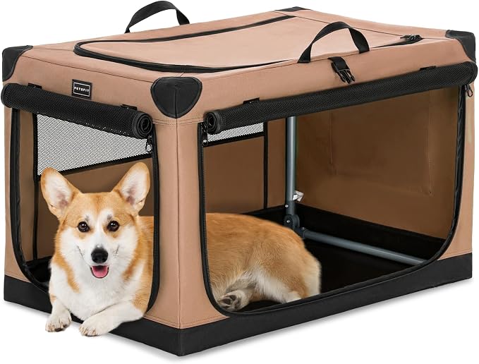 PETSFIT 30" Soft Portable Dog Crate – Patented Spiral Sturdy Frame, Collapsible Travel Kennel for Medium & Large Dogs, 3 Mesh Door, Lockable Zippers, Indoor & Car Use Khaki by Petsfit