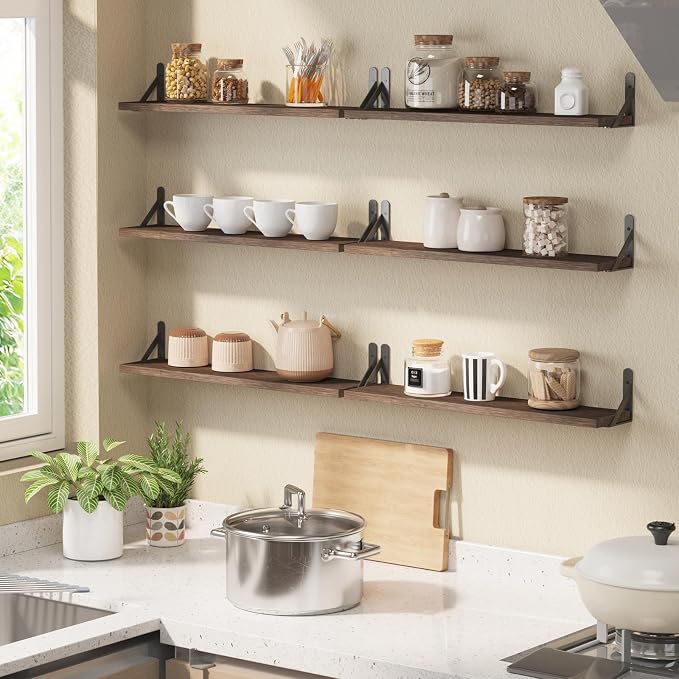 YGEOMER 23.6in Floating Shelves for Wall Home Decor, Wood, Brown, Set of 6 | Rustic wood shelves with metal brackets. Space-saving for books & decor. Works in bathroom, kitchen, living room & bedroom. - Image 5