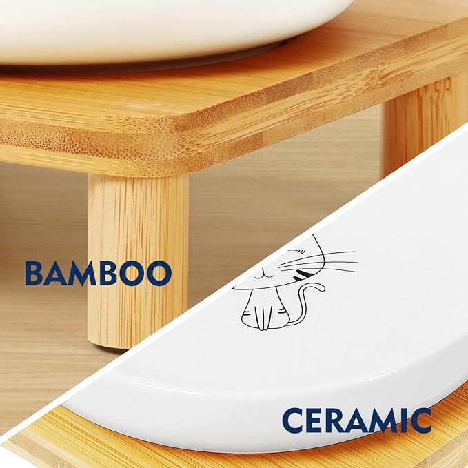DoogCat Raised Cat Bowls, Bamboo Stand with 2 Ceramic Bowls | Adjustable Height, Whisker-Friendly Design, Food & Water Set, Stable Construction, Easy to Clean - Image 6