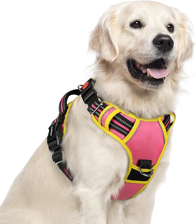 rabbitgoo Dog Harness for Large, No Pull 3 Buckles Easy On & Off | Soft Padded, Walking with Control Handle, Adjustable and Reflective, Pink & Yellow, X-Large by rabbitgoo