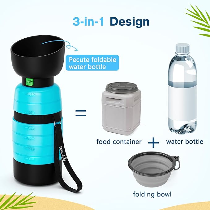 Pecute Upgraded 22 oz Dog Water Bottle with 5 oz Food Container, Portable Dog Travel Water Bottle Dispenser, Leakproof, BPA Free, Lightweight, Pet Water Bottle Bowl for Outdoor Walking Hiking Camping | Portable, Leakproof, BPA Free, Foldable bowl, Ligh... - Image 3