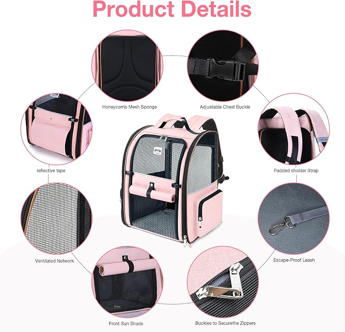Large Cat Backpack Carrier Expandable Foldable Pet Carrier Backpack for Small Dogs Puppy Medium Cats Fit Up to 18 Lbs for Travel, Hiking,Pink XL Size - Image 3