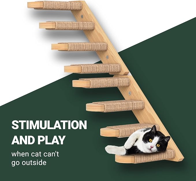 Skywin Cat Wall Steps - Solid Rubber Wood Cat Stairs Great for Scratching and Climbing - Easy to Install Wall Mounted Shelves for Playful Cats (Wood, Right-Left) - Image 4