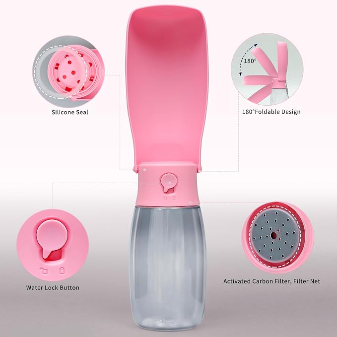 Portable Dog Water Bottle 19oz Pink | Foldable pet water dispenser, food grade plastic, ease to use for outdoor walking, hiking, travel - Image 3