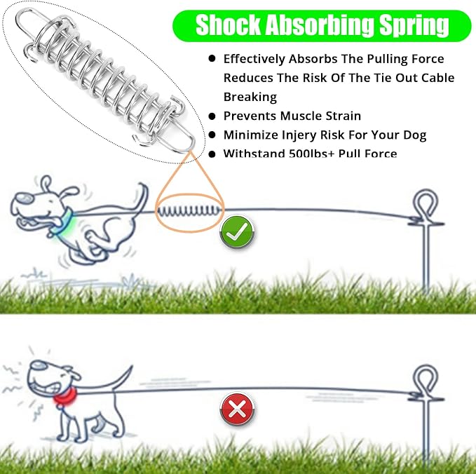 jenico Dog Tie Out Cable - 50 ft Heavy Duty Dog Lead for Yard | Outdoor Runner Cable with Swivel Hook and Shock Spring for Small Medium Large Dogs Up to 500 lbs Dog Tether for Yard Camping - Image 2