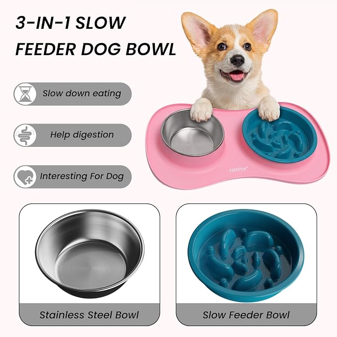 YINEYA 3 in 1 Slow Feeder Dog Bowls,Dog Water Bowl,Cat and Dog Food Bowl | Stainless Steel Dog Bowls with Non-Spill Dog Bowl Mat, Anti-Choking Puppy Bowls, Easy Clean for Large Medium Small Dogs Cats - Image 2