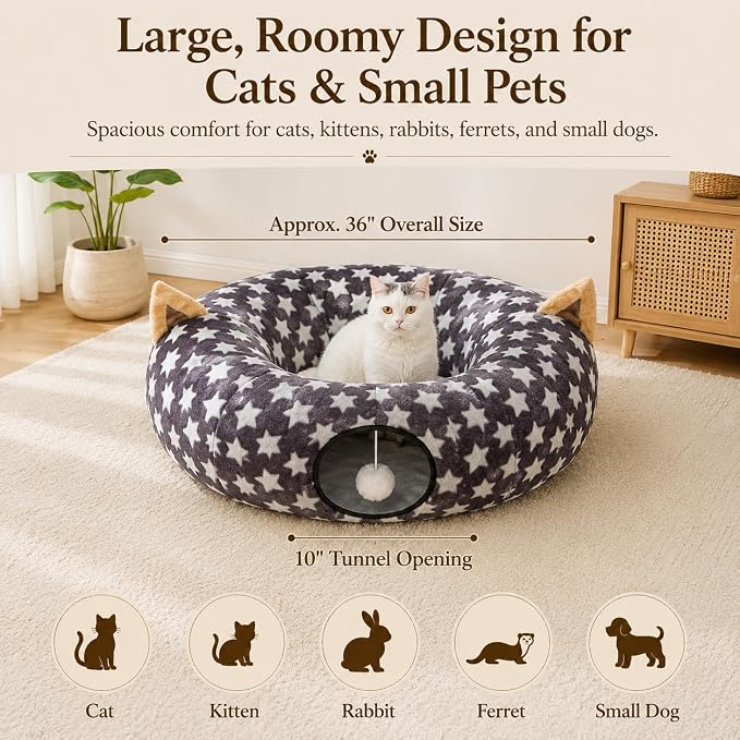 Large Cat Tunnel Bed Under Christmas Tree with Fluffy Toy Balls, Small Cushion and Flexible Design- 10 inch Diameter, 3 ft Length- Great for Cats, and Small Dogs, Gray Star Pattern - Image 5