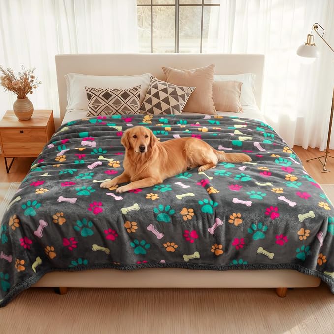 Luciphia Waterproof Dog Blanket Reversible Sherpa Fleece for Large Dogs Cat | Soft Print Pet Blanket Washable Pee Proof, Furniture Protector for Couch Sofa Bed Car, Cozy Throw King(100" x 85", Grey Bone) by luciphia