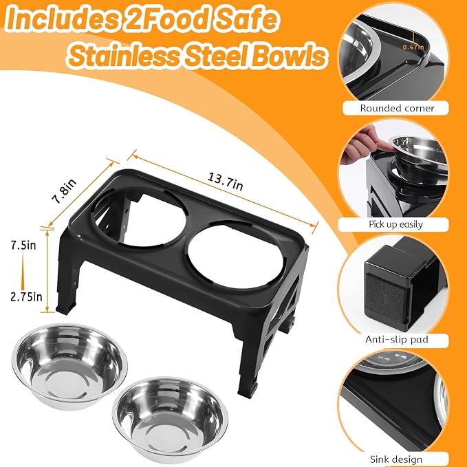 Hubulk Elevated Dog Bowls with 2 Stainless Steel Dog Food & Water Raised Bowls with No Spill Edge Non-Slip Stand Adjusts to 3 Heights(2.75", 6.0", 7.5") for Small Medium Dogs and Pet - Image 4