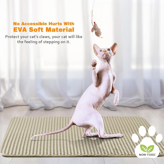 Cat Litter Mat 22"x30",Double Layer EVA litterbox Mat, Khaki | Waterproof honeycomb large grid, urine-proof and odor-free. Traps litter, easy cleanup,Washable, non-slip backing - Image 6