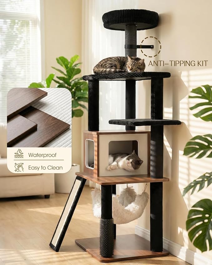 61" Wood Cat Tree Tower, Modern Cat Furniture for Indoor Cats | Engineered Wood & Plush | 61"Modern Cat Tower | 20 lbs Per Platform | Anti-Tip Base | Sisal Posts | Washable Cushions - Image 5