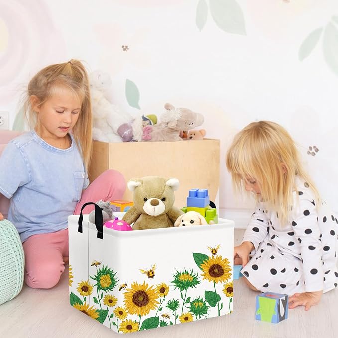 FXOLCSHE Rectangular Sunflower basket,Waterproof Canvas kids Laundry Nursery Hamper,Storage Baskets for Bedroom,Yellow Hamper,Gift Basketsr(Sunflower) - Image 2