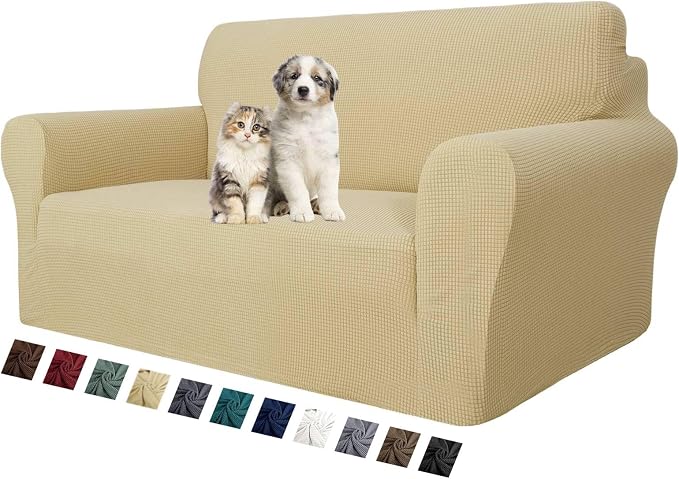 MAXIJIN Stretch Loveseat Sofa Slipcovers 1 piece Love Seat Couch Covers for 2 Cushion Couch Non Slip Sofa Cover Washable Dog Cat Proof Furniture Protector Pet Friendly (Loveseat, Beige) by MAXIJIN