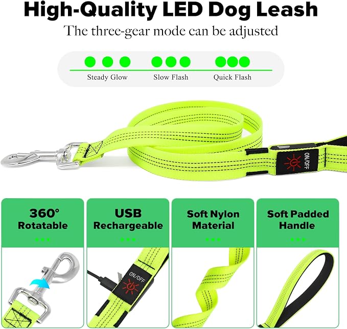 Illumifun LED Dog Leash, USB Rechargeable Glowing Light Up Dog Leash, Nylon Flashing Safety Pet Light for Night Walking (GreenⅡ) - Image 4