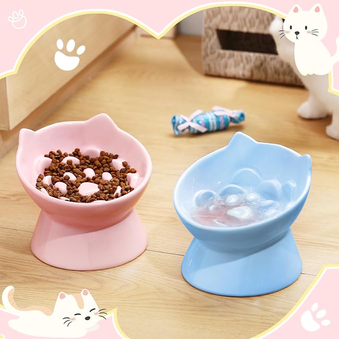 Funnymoom 2 Pcs Ceramic Raised Slow Feeder Cat Bowl, 5.91inch Elevated Cat Slow Feeder Bowl Tilted Anti Vomiting for Dry Wet Food and Water Easy to Clean High Edge(Pink, Blue) - Image 6