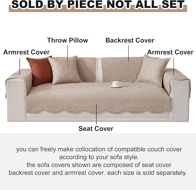 vctops Boho Cotton Quilted Couch Cover Soft Embroidered Sofa Cover Non-Slip Dog Bed Cover Scalloped Sofa Slipcover Washable Furniture Protector Cover (Khaki,36"x63") - Image 2