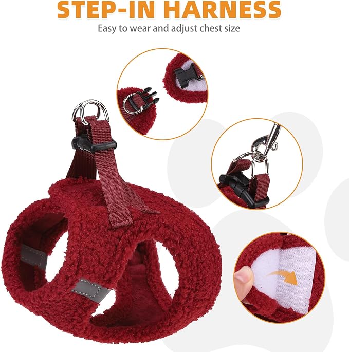 KOOLTAIL Christmas Plush Small Dog Harness and Leash Set, Warm Fleece No Pull Puppy Vest for Winter, Lightweight Reflective Step in Pet Harness for Medium Sized Dogs Boy Girl Outdoor Walking, Red M - Image 3