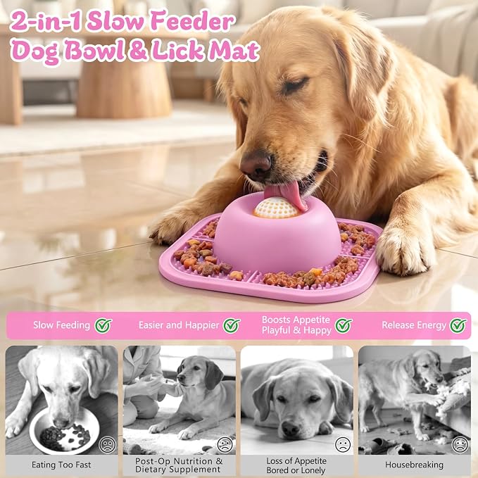 Slow Feeder Dog Bowls & Lick Mat for Liquid and Thick Treat, Anti-Slip Dog Lick Bowl with Interactive Rolling Ball, 5/6 Cup Pup Licking Toy for Large Medium Small Dogs and Cats-Large Pink - Image 2