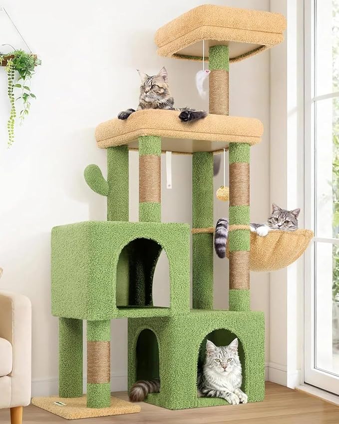 Globlazer 52in Cactus Cat Tree Tower for Indoor Cats, 2 Condos, S52, Green | Multi-Level Plush House, 5 Sisal Scratching Posts, 2 Padded Top Perches, Big Metal Basket, Stable Enlarged Base by Globlazer