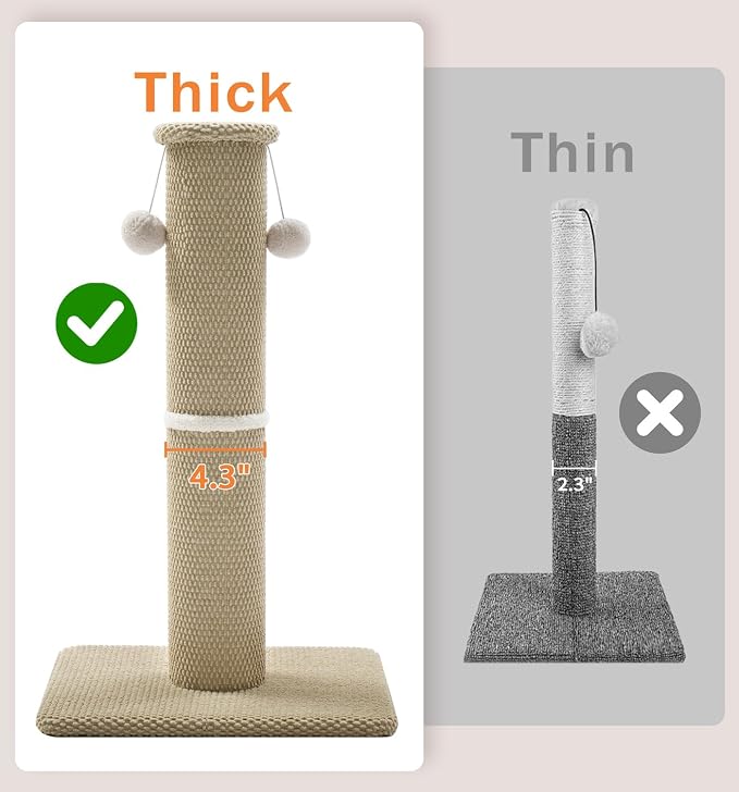 Made4Pets Tall Cat Scratching Post, Carpet Scratcher for Indoor Cats, 33" | Reach-and-Stretch Height, Wide Base, Hanging Balls for Play, Easy Assembly with Tools, For Adult and Larger Cats, Beige - Image 2