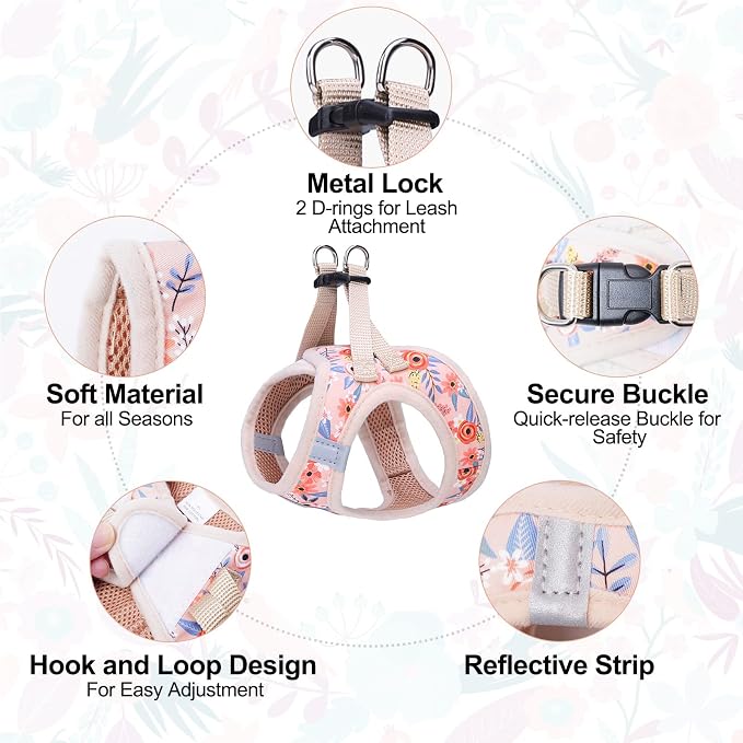 BEAUTYZOO Small Dog Harness and Leash Set,No Pull Puppy Pet Vest- Floral, S | Step-in Easy On/Off, All Season Breathable Mesh,Escape-Proof Hook & Loop,Lightweight Reflective,No Choke,Easy Walking Control - Image 3
