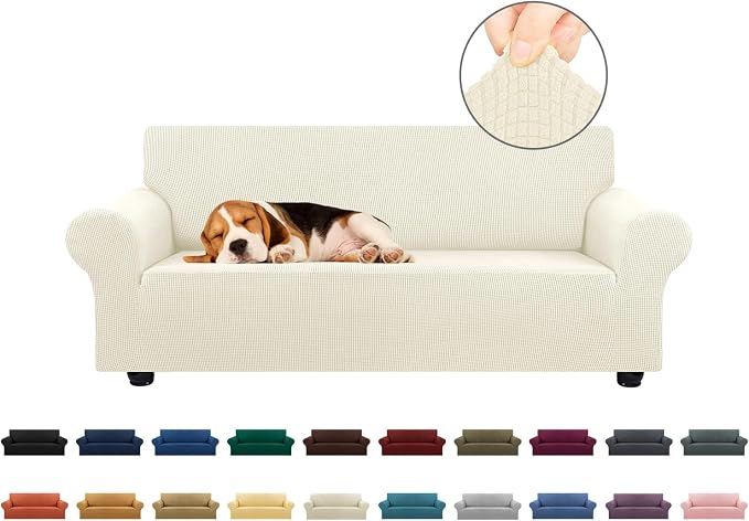 KEKUOU Stretch Loveseat Couch Cover, 2 Cushion Couch Slipcover,Beige | 1-Piece Washable Sofa Cover Pet Friendly (55"-78") Furniture Protector Soft Jacquard, Elastic Bottom for Dogs & Kids by KEKUOU
