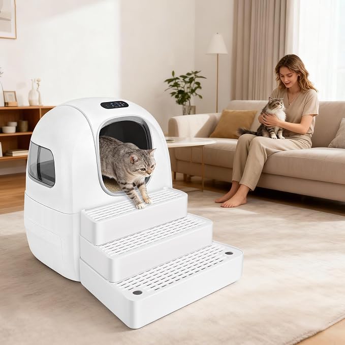 Extra Large 3 Steps Litter Box Ramp, Adjustable Cat Litter Box Step with Filter Function, Easy to Clean Cat Litter Stair Catcher for Elderly Cats and Kitten (White) - Image 7