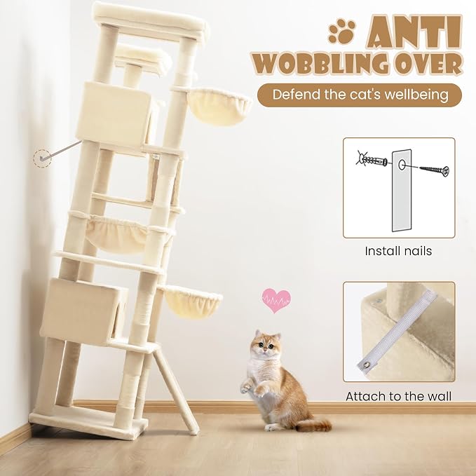 SHA CERLIN 81in Multi-Level Tall Cat Tree Tower for Indoor Kitties/Larger Cat Condo Furniture with Hammock/Cozy Pussycat Perches/Sisal Scratching Posts/Pet House/Wide Base/Beige - Image 8