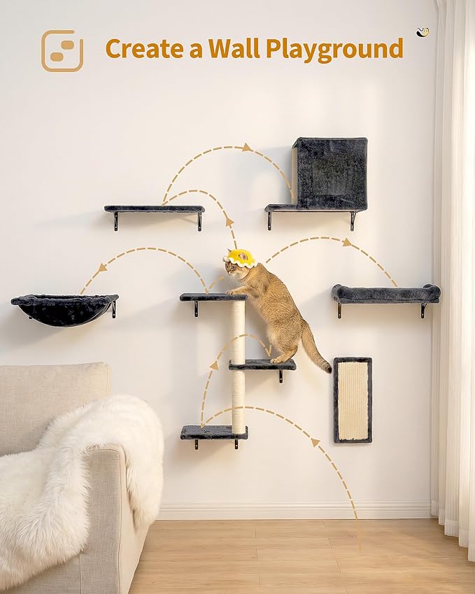 Aechonow Heavy Duty Cat Wall Shelves for Large Cats, 6-in-1 Cat Furniture | 17" × 11.9" Large Perch Bed and Hammock, Cat Climbing Wall Systems with Vertical Cat Scratcher - Image 6