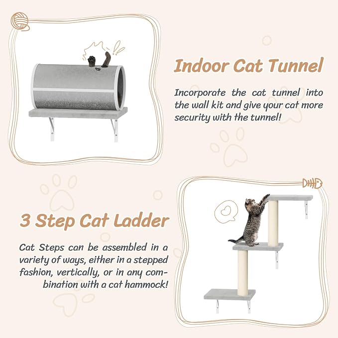 7-in-1 Cat Wall Shelves, Wall Mounted Climber Set | Cat Furniture with House, Tunnel, Bridge, Steps, Scratcher, Hammock, Shelves for Indoor, Gray - Image 6
