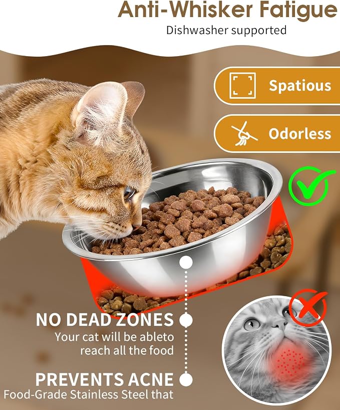 Elevated Cat Bowls, 15°Tilted Raised Cat Food Bowls with Mat, Cat Food and Water 3 Stainless Steel Bowl Set for Indoor, Anti-Vomiting, Whisker Fatigue. - Image 3