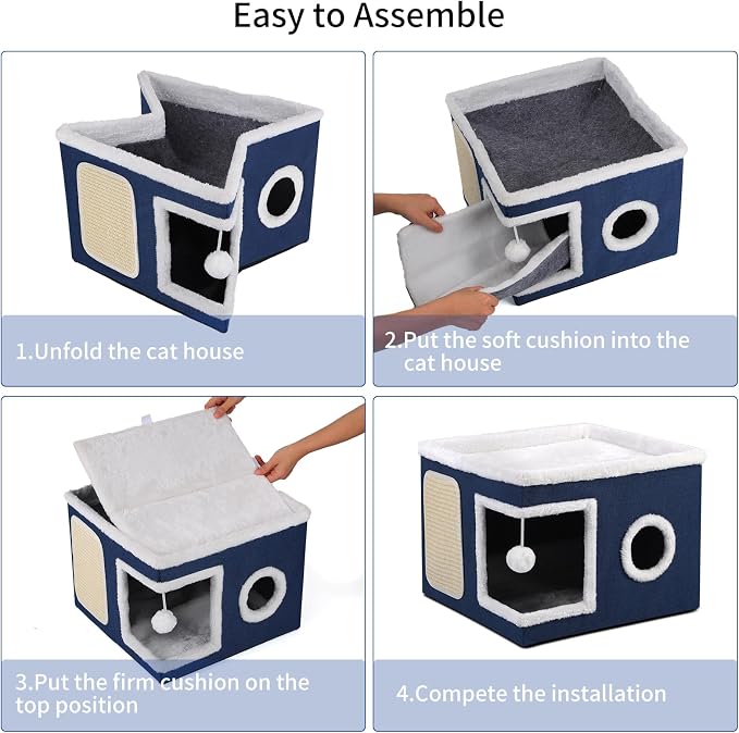 Shikha Cat House Bed for Indoor Cats with Fluffy Ball and Scratch Pad Blue | Foldable Large Cat Cave Hideaway with Cozy Condo, Hide and Seek Window, Holds Up to 30LBS, All Season Reversible Cushion - Image 8