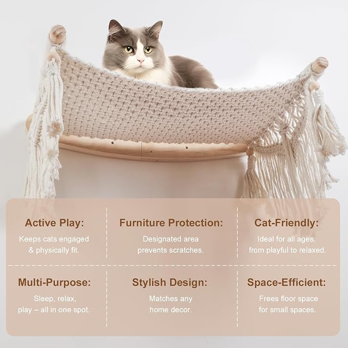 Macrame Cat Wall Shelves & Hammock - Comfy Cat Beds with Window Perch for Indoor Cats, Sleeping & Climbing, Cotton Rope, Natural Wood, Maximum Hold up to 30lb, Beige White - Image 3