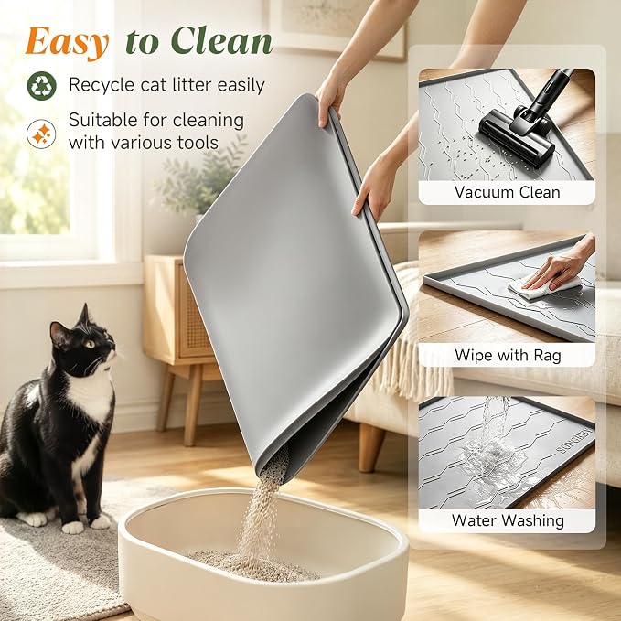 Songrey Silicone Cat Litter Mat 34" x 22", Large Litter Trapping Mat, Gray | Waterproof, Urine-Proof Litter Box Mat for Floor, Soft on Kitty Paws, Easy To Clean, Cat Supplies, Pet Feeding Mat - Image 4