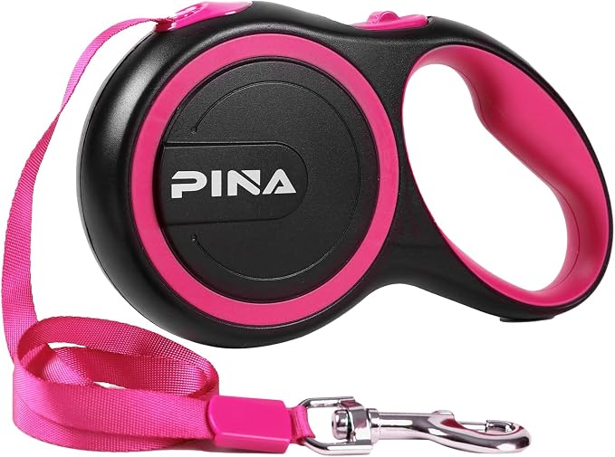 PINA Retractable Dog Leash, 16ft Dog Leash for Small Medium Dogs Up to 44lbs, 360° Tangle-Free Strong Reflective Nylon Tape, with Anti-Slip Handle, One-Handed Brake, Lock - Black Pink by PINA
