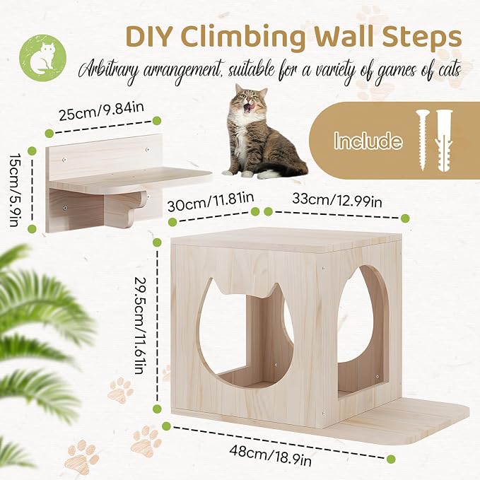Cat Wall Furniture Set, Cats Wall Shelves Cat Wall Climber | 1 Cat Wall House and 1 Cat Wall Step Wooden Wall Mounted Cats Bed and Perches for Indoor Cats Playing, Climbing - Image 2