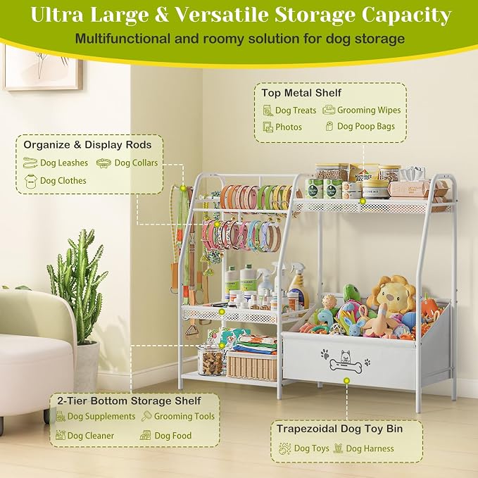 Large Dog Toy Basket with Dog Storage Organizer, Trapezoid Dogs Toy Bin Box with Collar Leash Holder Hook, Toy Holder Chest Pet Storage Cabinet for Living Room, Dogs Essentials for Pet Lovers Gift - Image 4